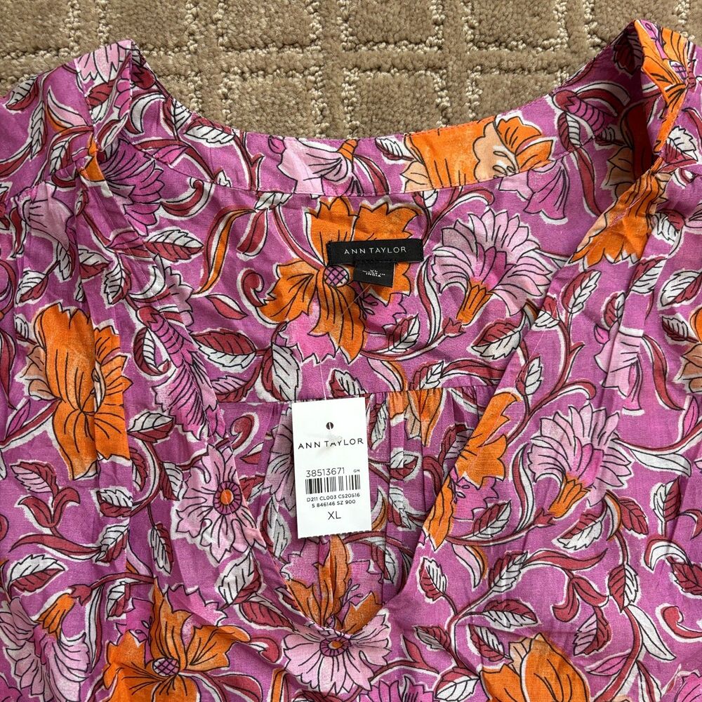 Ann Taylor Floral Peasant Blouse Women's XL Purple Orange Long Sleeve Artsy NWT - Picture 3 of 8